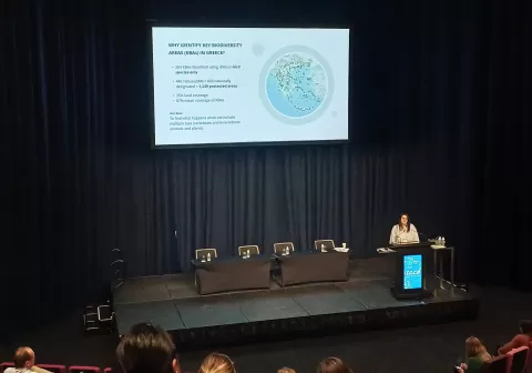 Konstantina Spiliopoulou presenting on how Key Biodiversity Areas can support global biodiversity targets to 2030